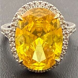 Sterling Silver Man-Made Citrine Statement Ring Halo Pavé Size 7.75